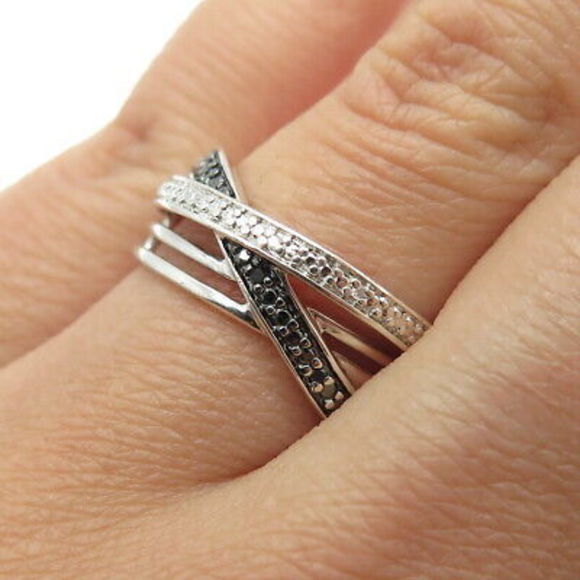 SUN 925 Sterling Silver Real Black & White Diamond Crisscross Ring Size 6.75 - Picture 2 of 8